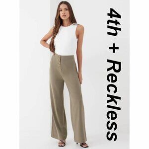 4th + Reckless Women's Trousers Size 5 Khaki Green Button Front Detail Wide Leg